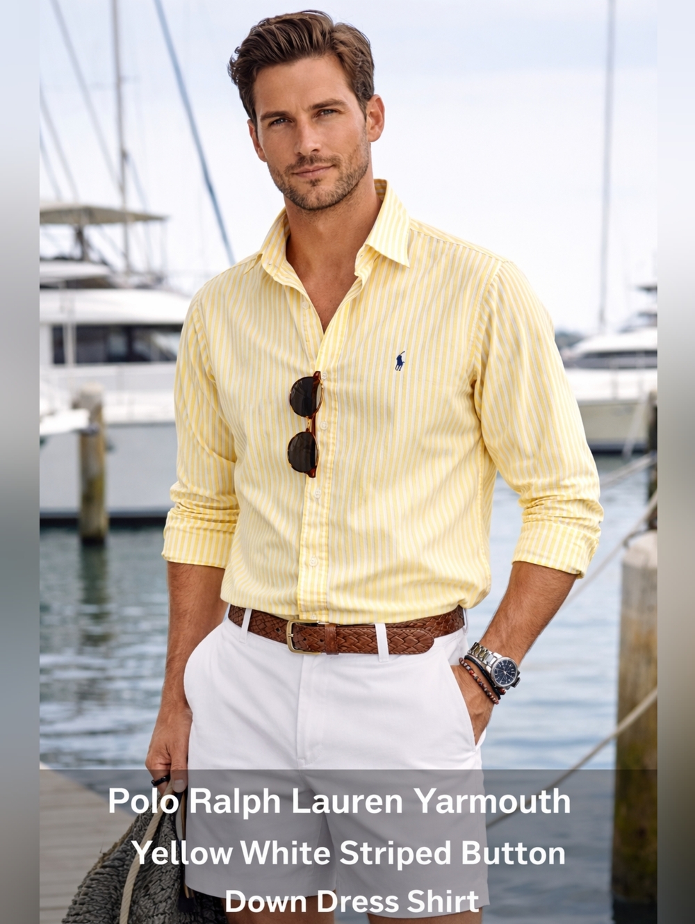 Ralph Lauren Yarmouth 100% Cotton Yellow White Striped Dress Shirt 16.5 34/35